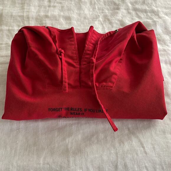 Urban Revivo XS Red Denim Hoodie | Streetwear Pullover, NWOT, Bold Slogan - Picture 8 of 9